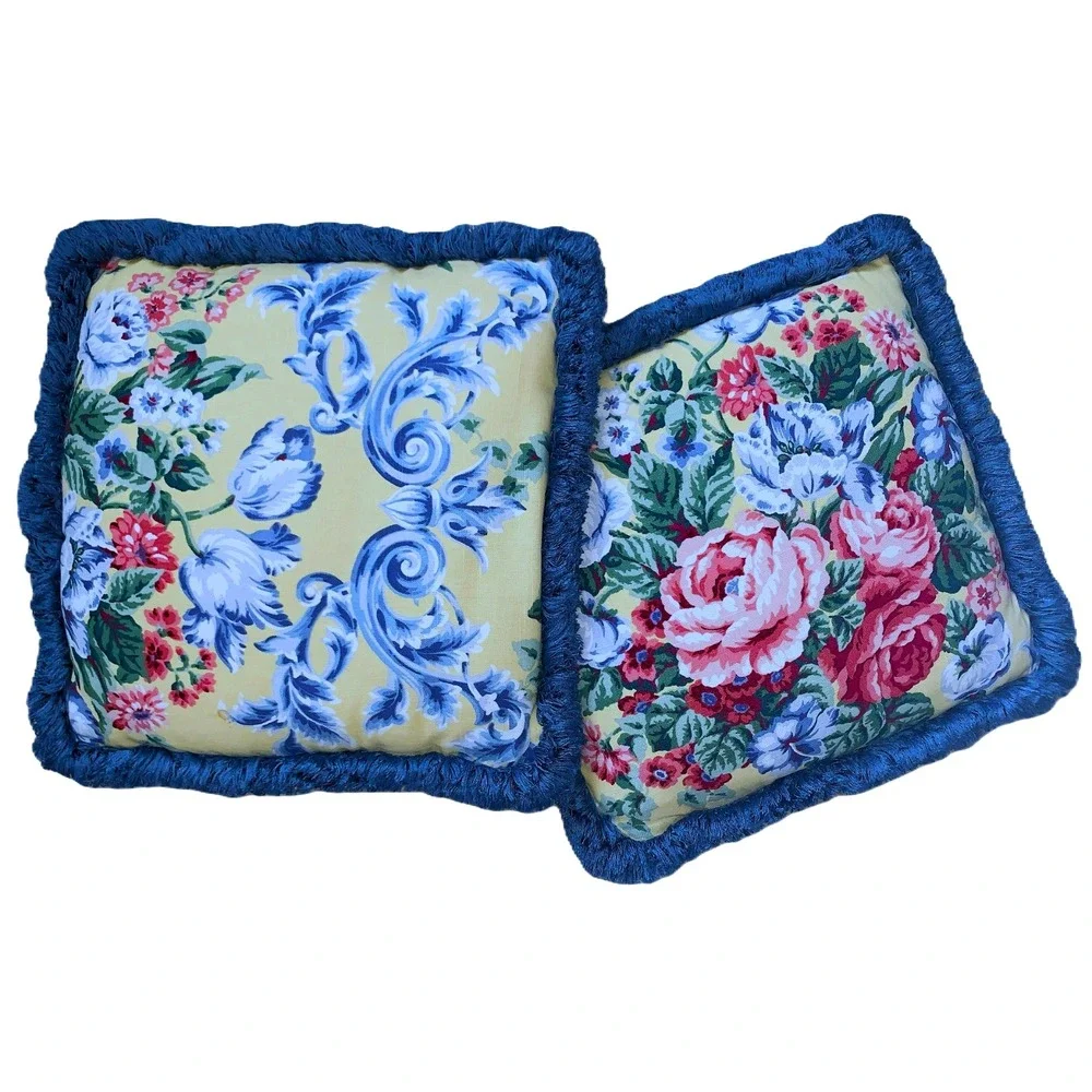 2 Vtg Waverly Design Floral Upholstery Wt Cotton Pillows Thick Looped Fringe 19